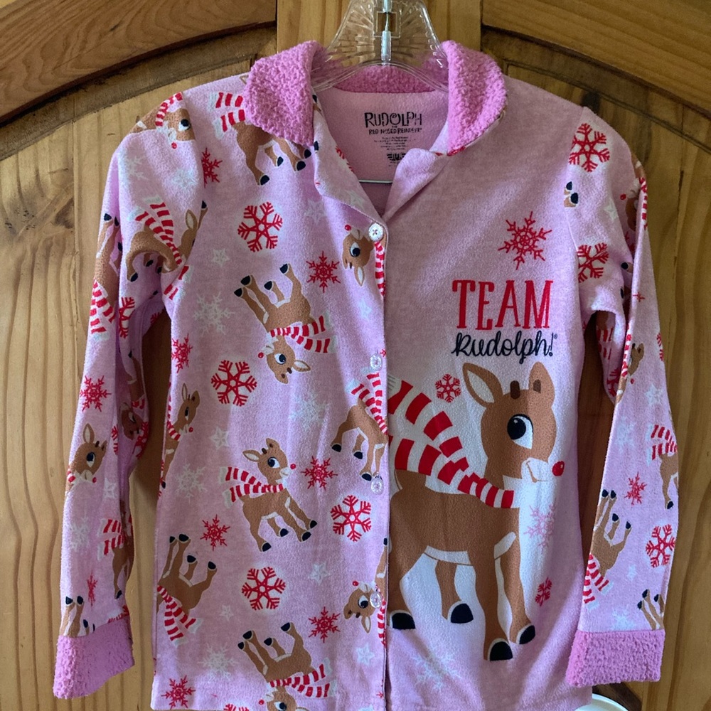 Girls Christmas Rudolph Red Nosed Reindeer pink red 2 piece pajamas size M